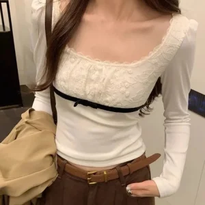 Sweet Lace Patchwork Square Collar Long Sleeve T-shirts Women Korean Chic Slim Fit Waist Base Crop Top Simple Y2k Tees